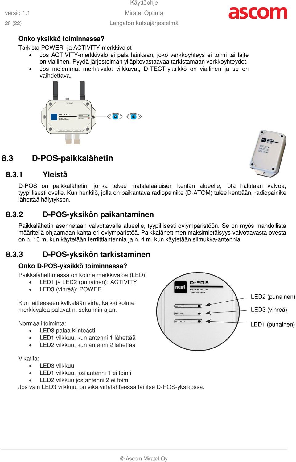 Jos molemmat merkkivalot vilkkuvat, D-TECT-yksikkö on viallinen ja se on vaihdettava. 8.3 
