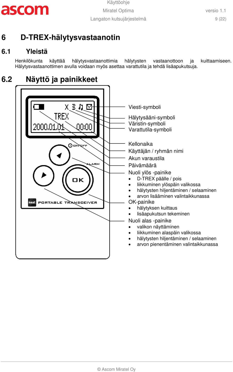 2 Näyttö ja painikkeet X Viesti-symboli Hälytysääni-symboli Väristin-symboli Varattutila-symboli Kellonaika Käyttäjän / ryhmän nimi Akun varaustila Päivämäärä Nuoli ylös -painike D-TREX päälle /