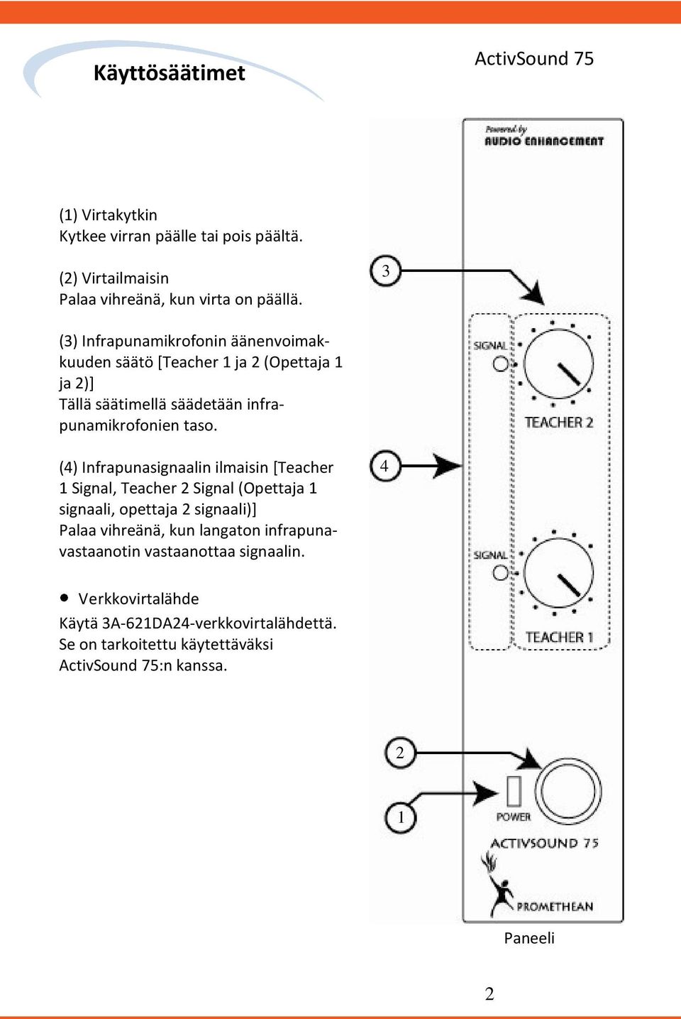 () Infrapunasignaalin ilmaisin [Teacher 1 Signal, Teacher Signal (Opettaja 1 signaali, opettaja signaali)] Palaa vihreänä, kun langaton