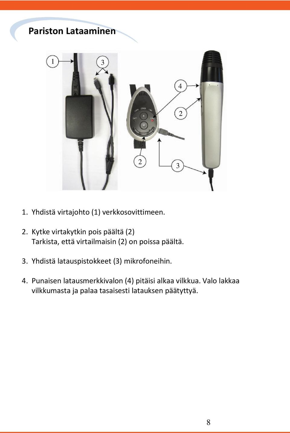 päältä.. Yhdistä latauspistokkeet () mikrofoneihin.