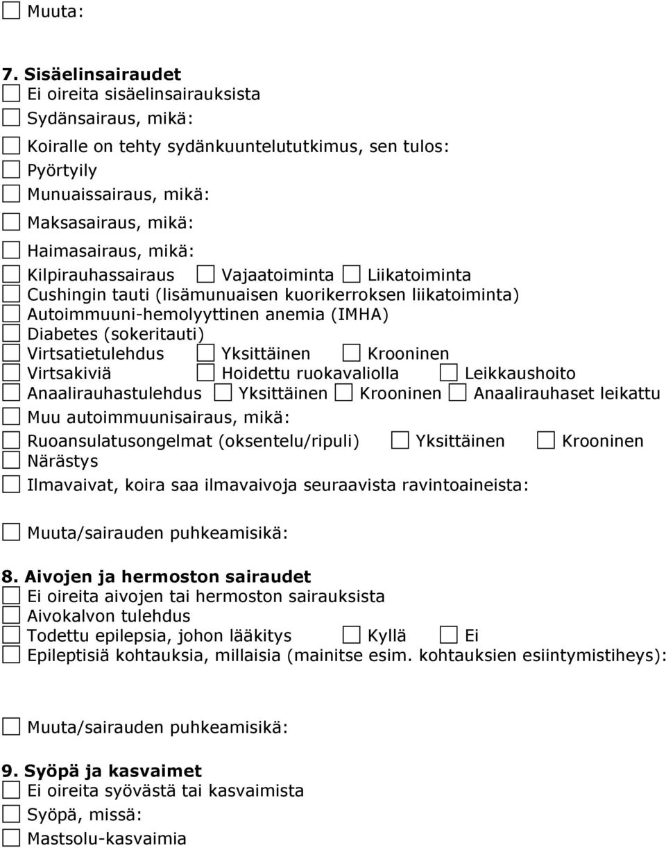 Kilpirauhassairaus Vajaatoiminta Liikatoiminta Cushingin tauti (lisämunuaisen kuorikerroksen liikatoiminta) Autoimmuuni-hemolyyttinen anemia (IMHA) Diabetes (sokeritauti) Virtsatietulehdus