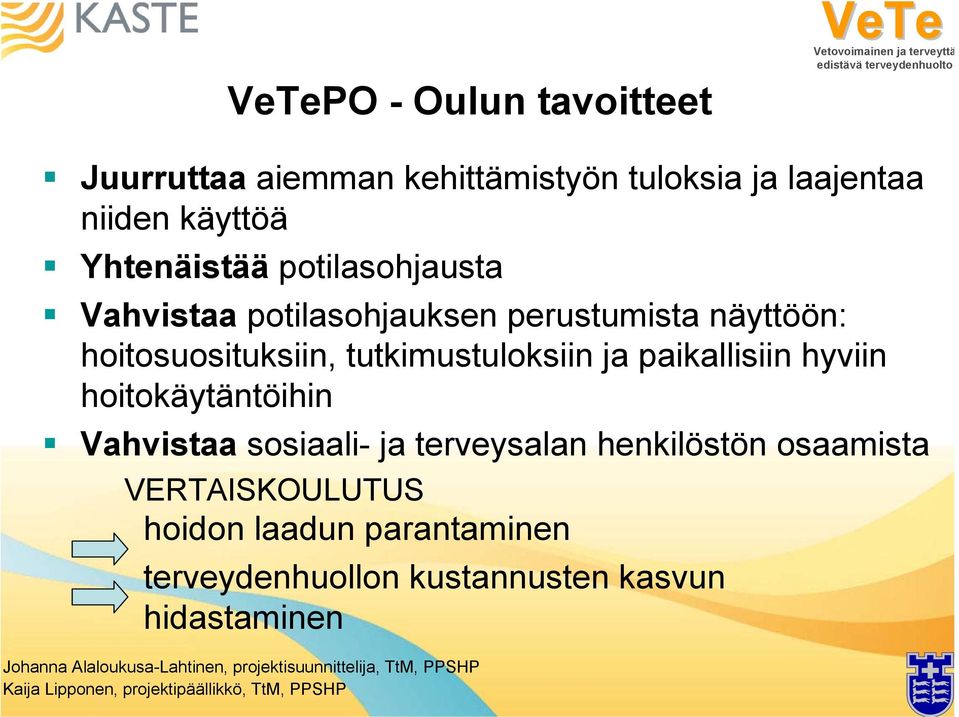 tutkimustuloksiin ja paikallisiin hyviin hoitokäytäntöihin Vahvistaa sosiaali- ja terveysalan