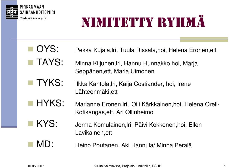 Marianne Eronen,lri, Oili Kärkkäinen,hoi, Helena Orell- Kotikangas,ett, Ari Ollinheimo Jorma Komulainen,lri, Päivi