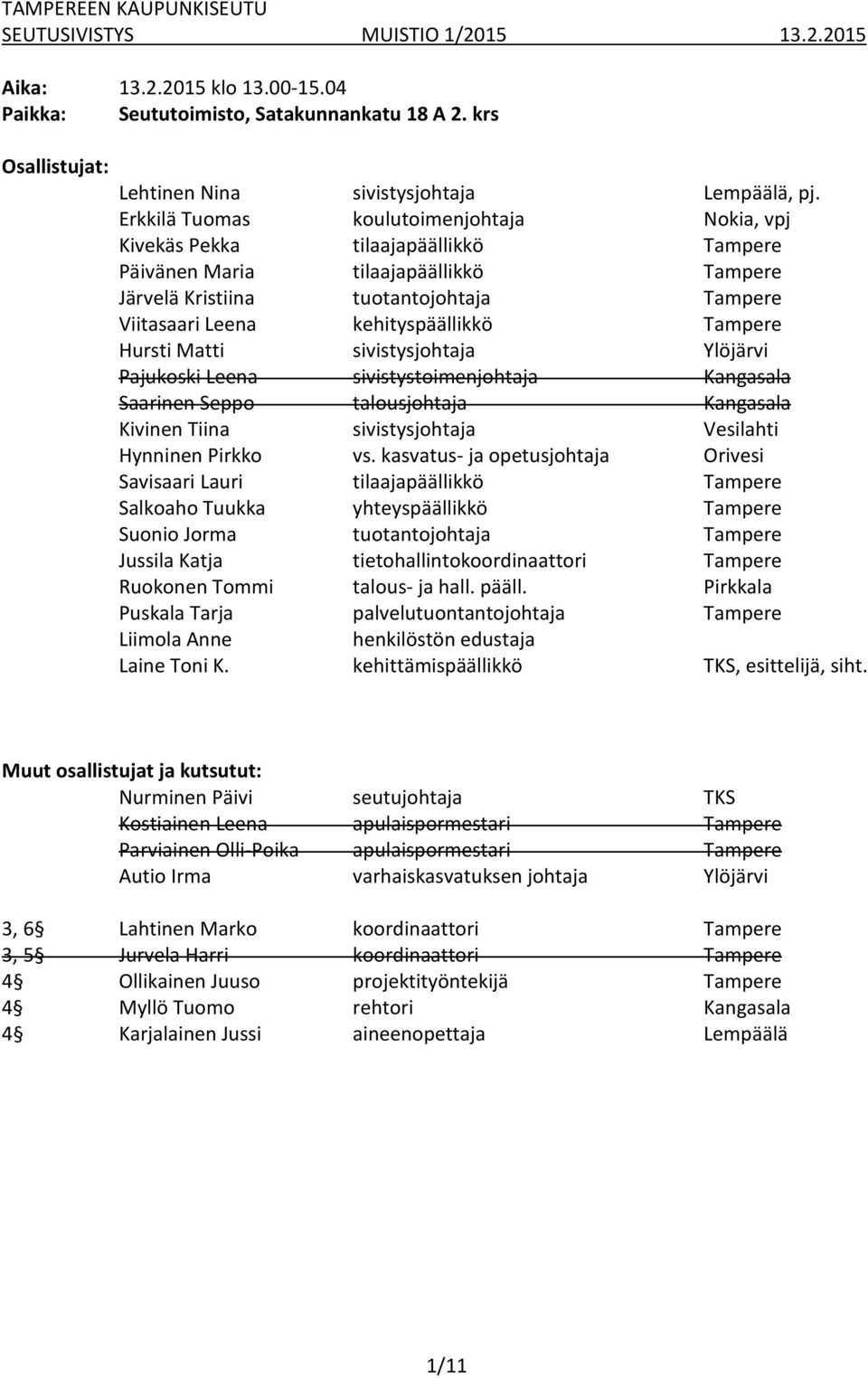 Tampere Hursti Matti sivistysjohtaja Ylöjärvi Pajukoski Leena sivistystoimenjohtaja Kangasala Saarinen Seppo talousjohtaja Kangasala Kivinen Tiina sivistysjohtaja Vesilahti Hynninen Pirkko vs.