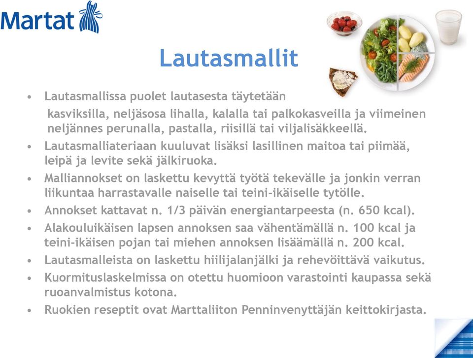 Malliannokset on laskettu kevyttä työtä tekevälle ja jonkin verran liikuntaa harrastavalle naiselle tai teini-ikäiselle tytölle. Annokset kattavat n. 1/3 päivän energiantarpeesta (n. 650 kcal).