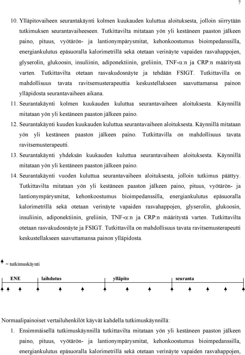 verinäyte vapaiden rasvahappojen, glyserolin, glukoosin, insuliinin, adiponektiinin, greliinin, TNF-α:n ja CRP:n määritystä varten. Tutkittavilta otetaan rasvakudosnäyte ja tehdään FSIGT.