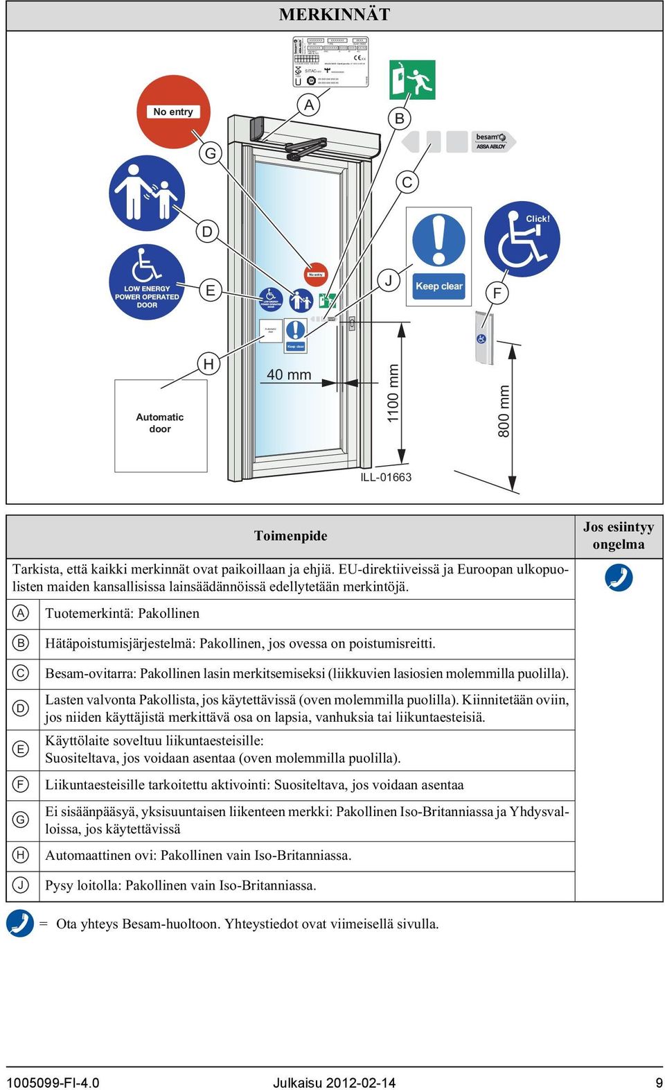 E J Keep clear F Keep clear Automatic door H 40 mm 1100 mm 800 mm ILL-01 Toimenpide Tarkista, että kaikki merkinnät ovat paikoillaan ja ehjiä.