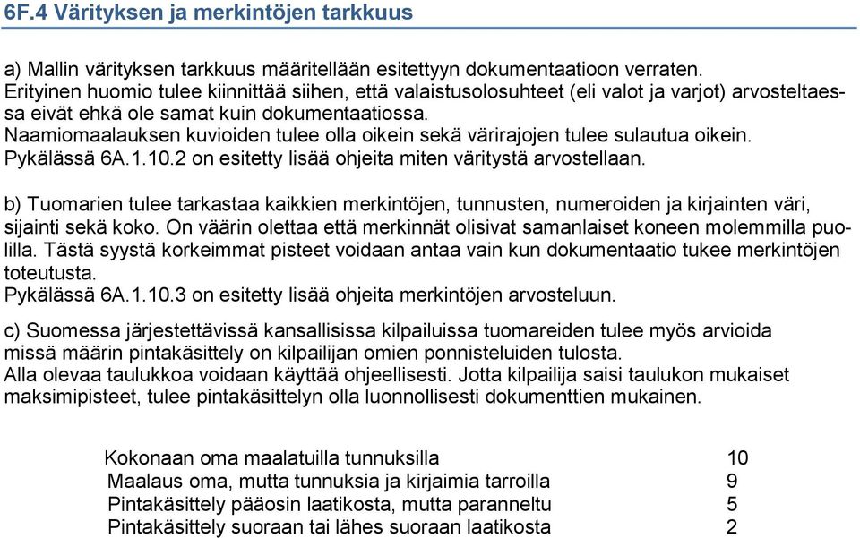 Naamiomaalauksen kuvioiden tulee olla oikein sekä värirajojen tulee sulautua oikein. Pykälässä 6A.1.10.2 on esitetty lisää ohjeita miten väritystä arvostellaan.