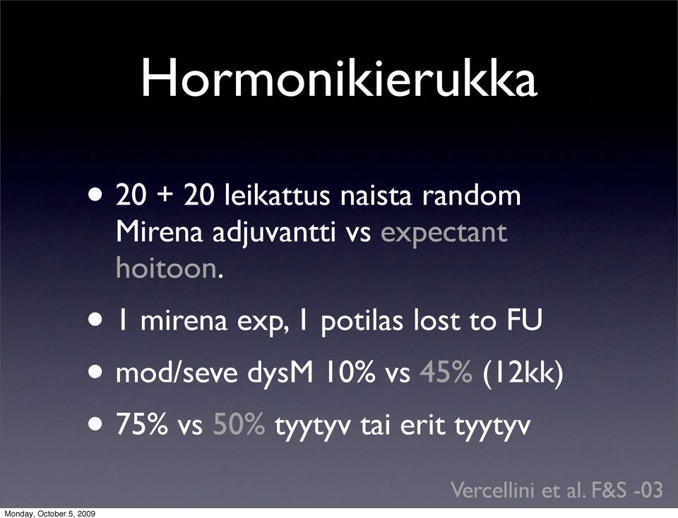 1 mirena exp, 1 potilas lost to FU mod/seve dysm 10%