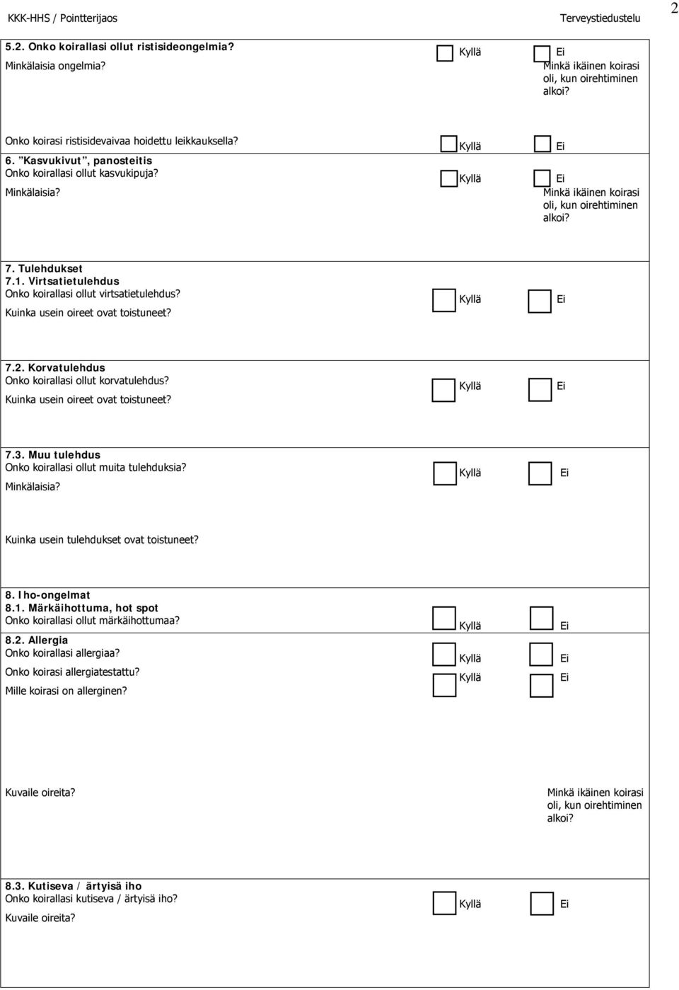 Kuinka usein oireet ovat toistuneet? 7.3. Muu tulehdus Onko koirallasi ollut muita tulehduksia? Kuinka usein tulehdukset ovat toistuneet? 8. Iho-ongelmat 8.1.