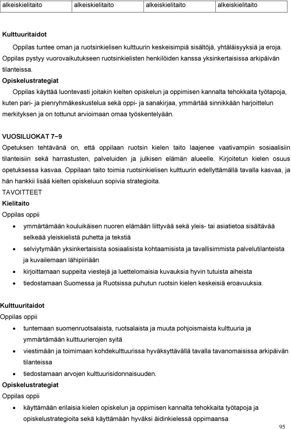 Opiskelustrategiat Oppilas käyttää luontevasti joitakin kielten opiskelun ja oppimisen kannalta tehokkaita työtapoja, kuten pari- ja pienryhmäkeskustelua sekä oppi- ja sanakirjaa, ymmärtää sinnikkään