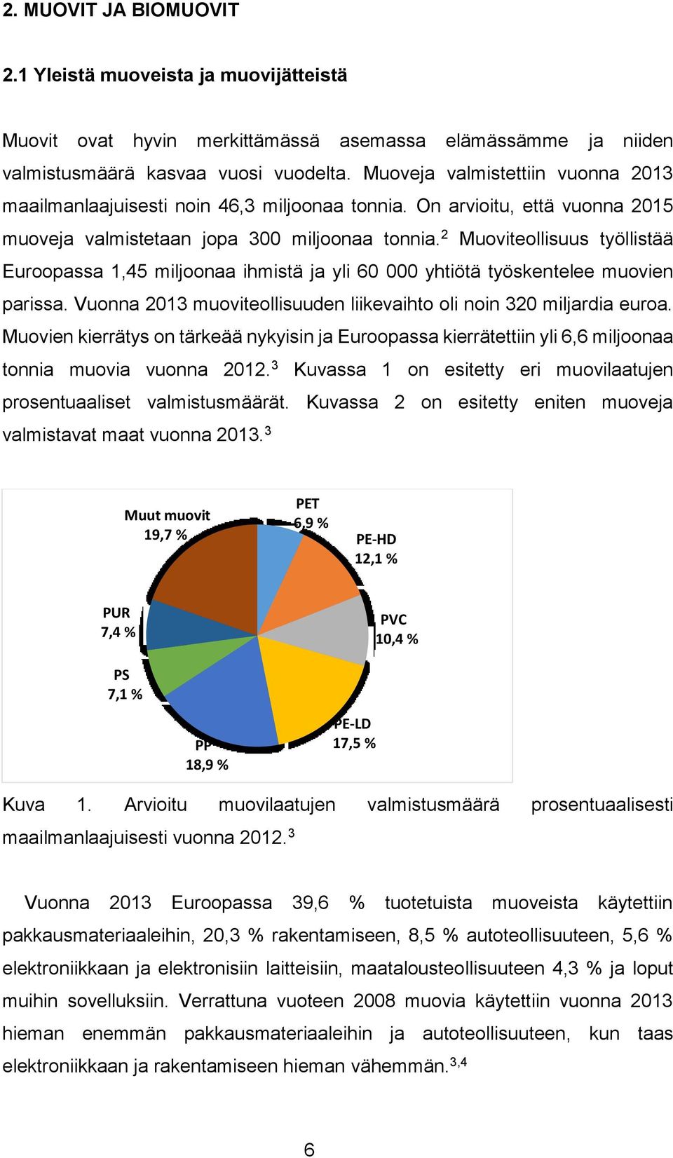 2 Muoviteollisuus työllistää Euroopassa 1,45 miljoonaa ihmistä ja yli 60 000 yhtiötä työskentelee muovien parissa. Vuonna 2013 muoviteollisuuden liikevaihto oli noin 320 miljardia euroa.