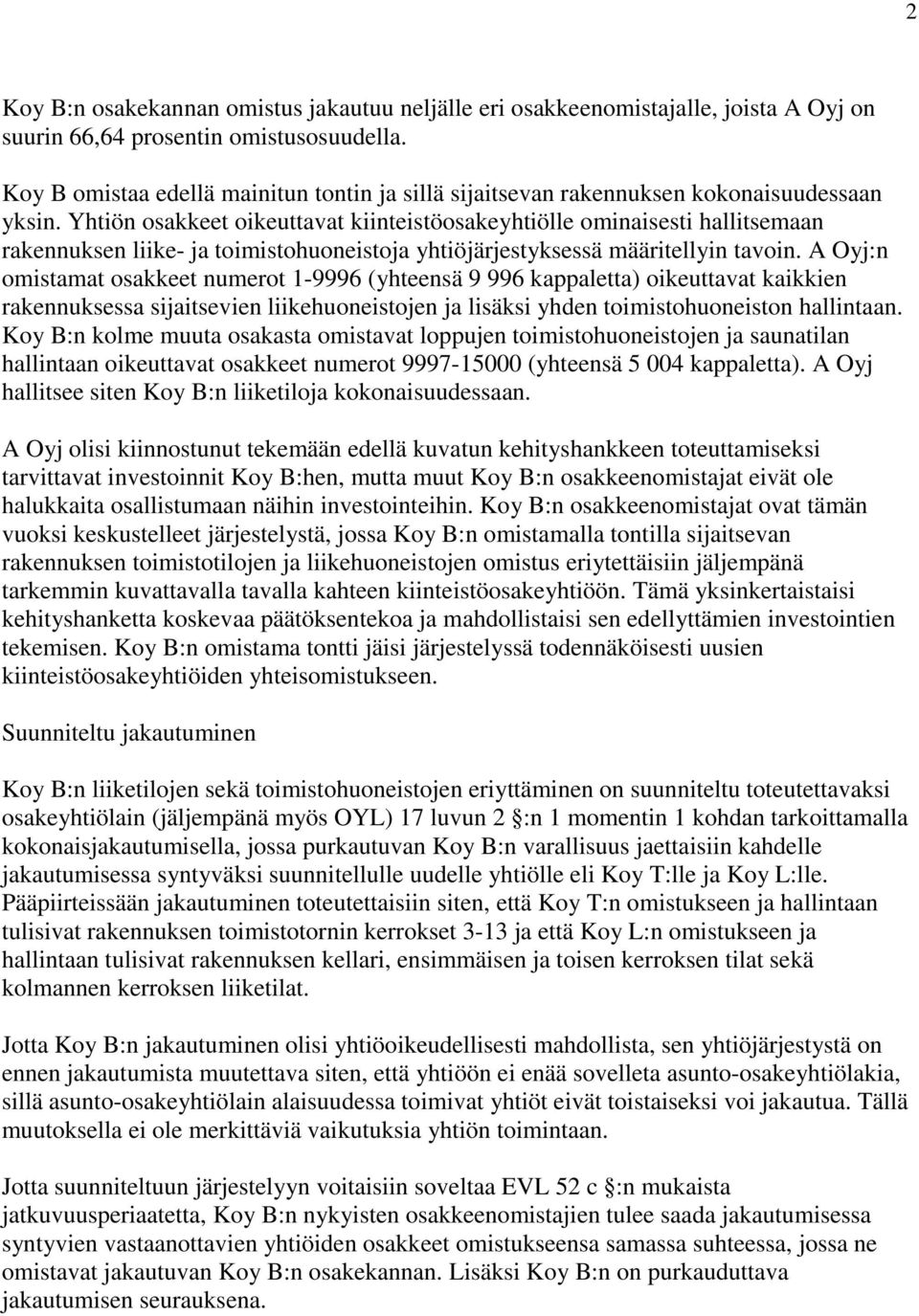 Yhtiön osakkeet oikeuttavat kiinteistöosakeyhtiölle ominaisesti hallitsemaan rakennuksen liike- ja toimistohuoneistoja yhtiöjärjestyksessä määritellyin tavoin.