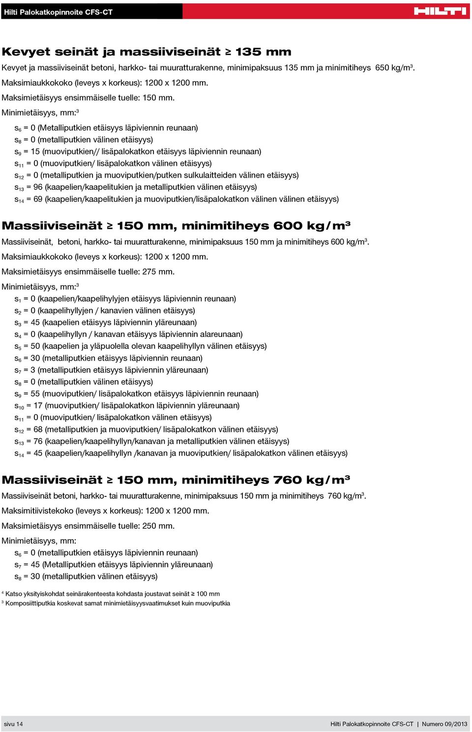 Minimietäisyys, mm: 3 s 6 = 0 (Metalliputkien etäisyys läpiviennin reunaan) s 8 = 0 (metalliputkien välinen etäisyys) s 9 = 15 (muoviputkien// lisäpalokatkon etäisyys läpiviennin reunaan) s 11 = 0