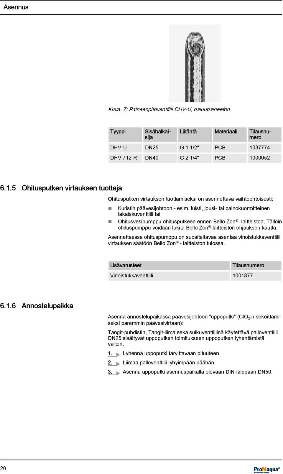 luisti, jousi- tai painokuormitteinen takaiskuventtiili tai Ohitusvesipumppu ohitusputkeen ennen Bello Zon -laitteistoa. Tällöin ohituspumppu voidaan lukita Bello Zon -laitteiston ohjauksen kautta.