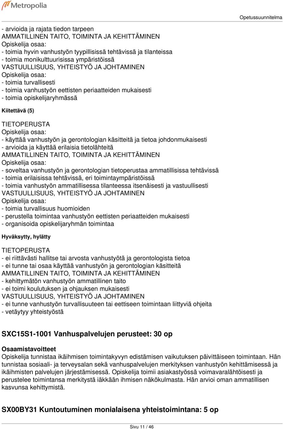 - toimia erilaisissa tehtävissä, eri toimintaympäristöissä - toimia vanhustyön ammatillisessa tilanteessa itsenäisesti ja vastuullisesti - toimia turvallisuus huomioiden - perustella toimintaa