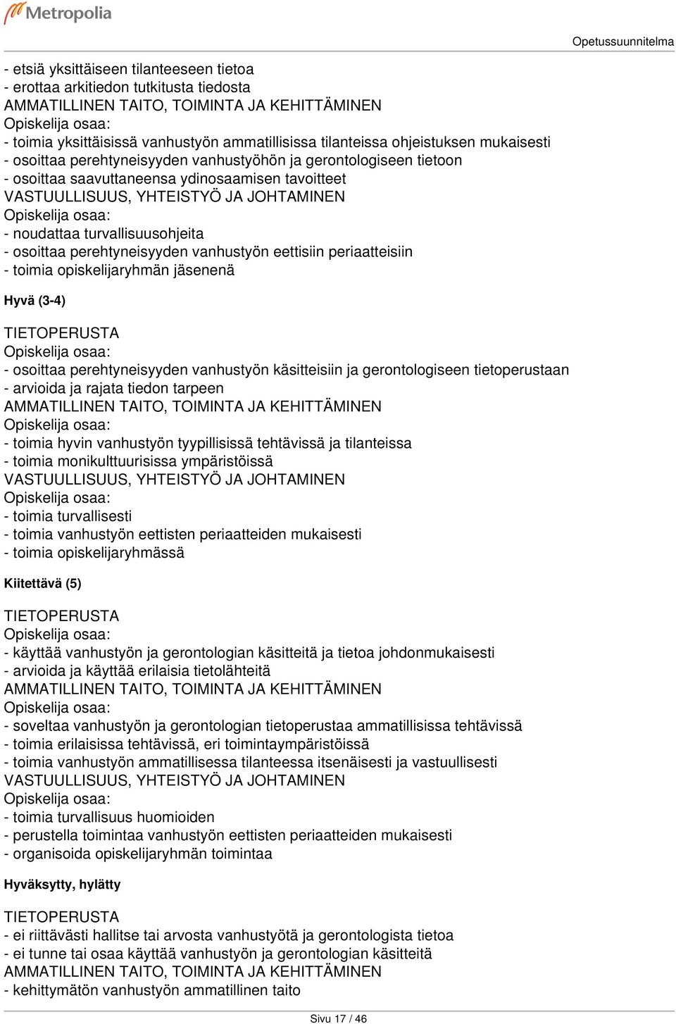 opiskelijaryhmän jäsenenä - osoittaa perehtyneisyyden vanhustyön käsitteisiin ja gerontologiseen tietoperustaan - arvioida ja rajata tiedon tarpeen - toimia hyvin vanhustyön tyypillisissä tehtävissä