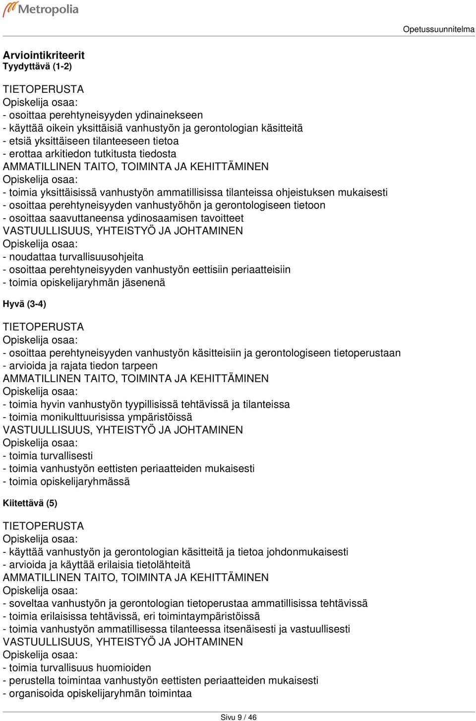 tavoitteet - noudattaa turvallisuusohjeita - osoittaa perehtyneisyyden vanhustyön eettisiin periaatteisiin - toimia opiskelijaryhmän jäsenenä - osoittaa perehtyneisyyden vanhustyön käsitteisiin ja