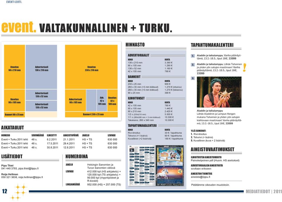 mm Adv. 42 x 105 mm Banneri 230 x 25 mm Ilmoitus 42 x 105 mm NUMERO SIVUMÄÄRÄ ILMESTYY AINEISTOPÄIVÄ JAKELU LEVIKKI Event + Turku 2011 lehti 48 s. 8.2.2011 21.1.2011 HS + TS 630 000 Event + Turku 2011 lehti 48 s.