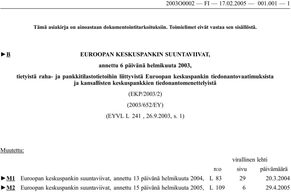 tiedonantovaatimuksista kansallisten keskuspankkien tiedonantomenettelyistä (EKP/2003/2) (2003/652/EY) (EYVL L 241, 26.9.2003, s.