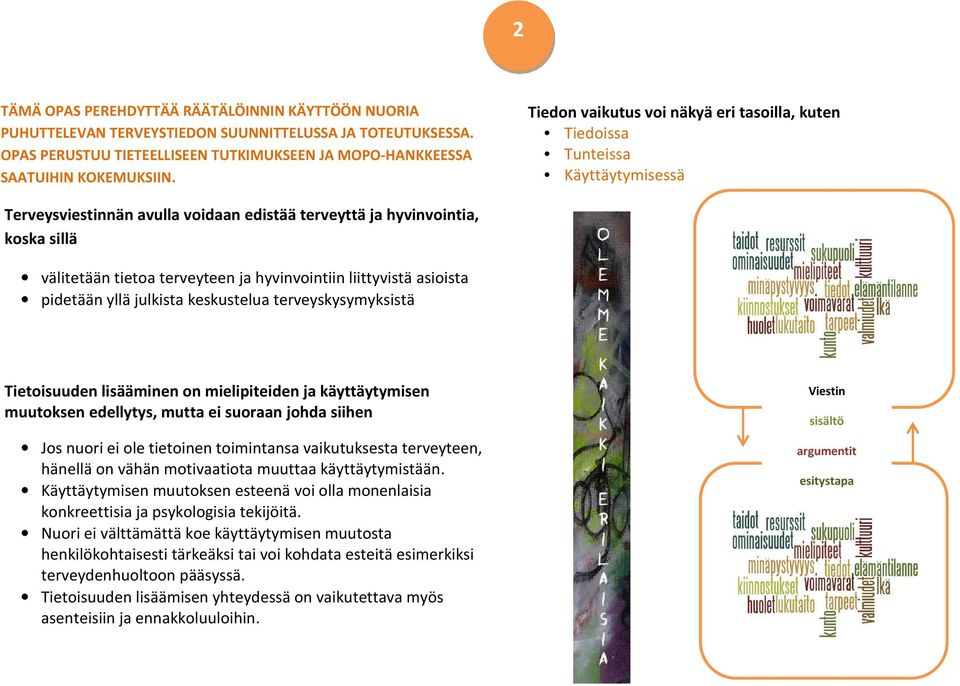 hyvinvointiin liittyvistä asioista pidetään yllä julkista keskustelua terveyskysymyksistä Tietoisuuden lisääminen on mielipiteiden ja käyttäytymisen muutoksen edellytys, mutta ei suoraan johda siihen