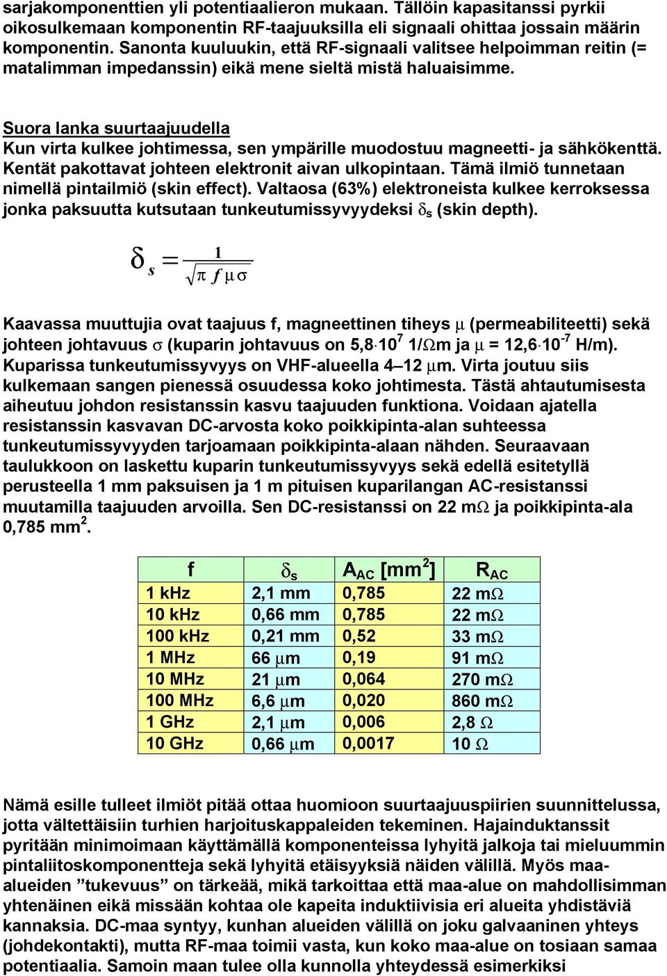 Kentät pakottavat johteen elektronit aivan ulkopintaan Tämä ilmiö tunnetaan nimellä pintailmiö (skin effect) Valtaosa (63%) elektroneista kulkee kerroksessa jonka paksuutta kutsutaan