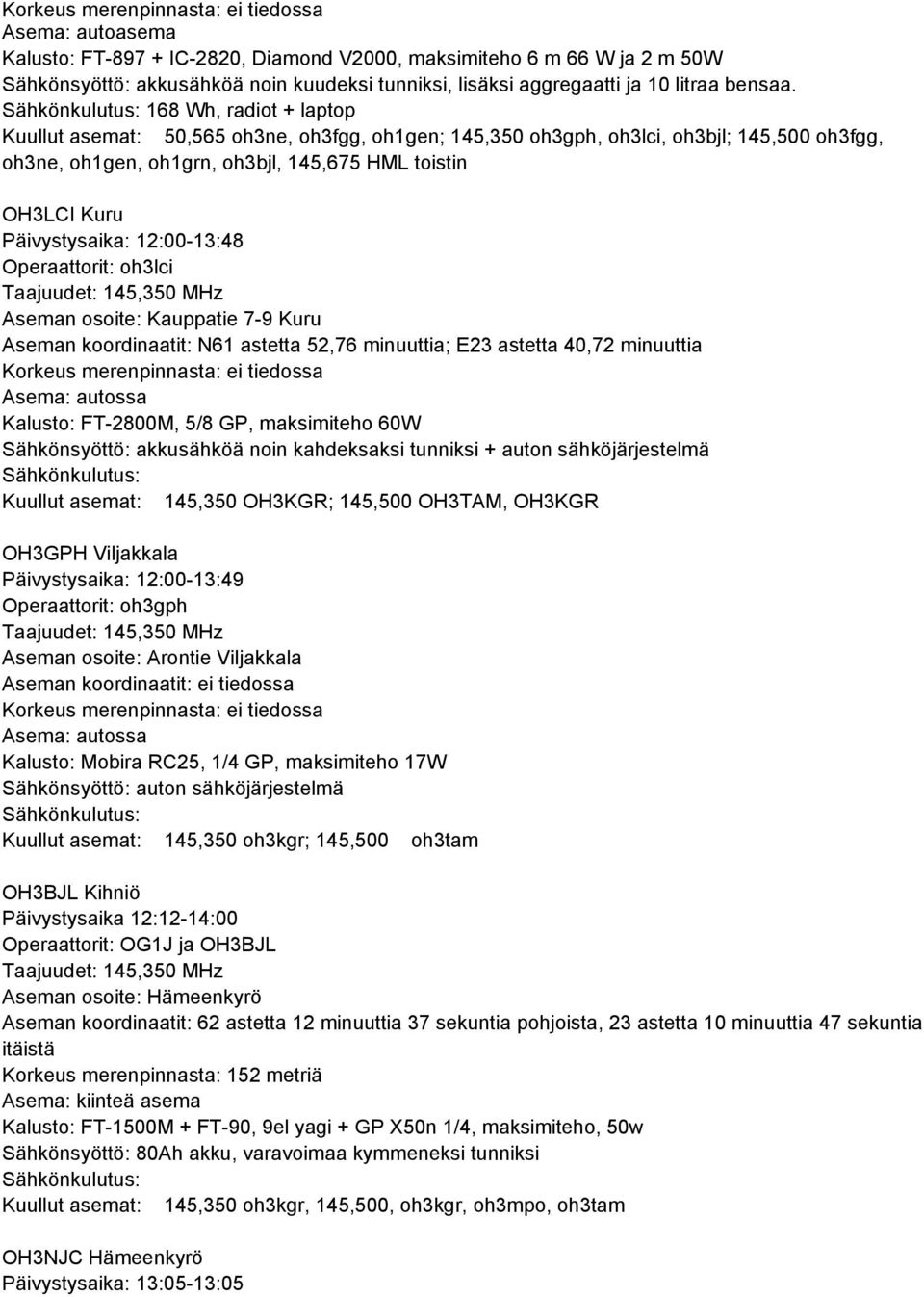 12:00-13:48 Operaattorit: oh3lci Taajuudet: 145,350 MHz Aseman osoite: Kauppatie 7-9 Kuru Aseman koordinaatit: N61 astetta 52,76 minuuttia; E23 astetta 40,72 minuuttia Korkeus merenpinnasta: ei