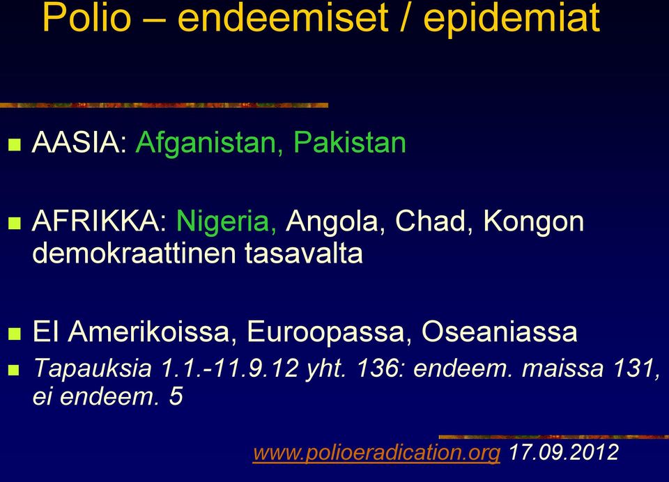 Amerikoissa, Euroopassa, Oseaniassa Tapauksia 1.1.-11.9.12 yht.