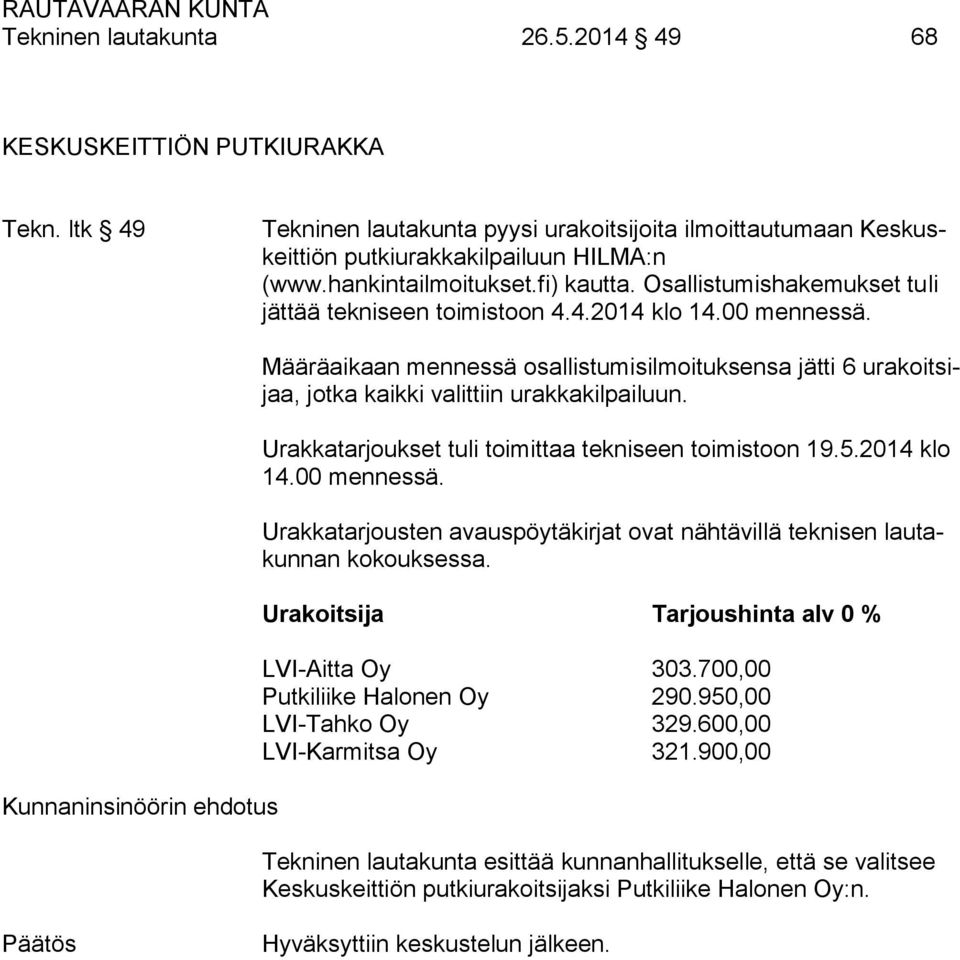 Määräaikaan mennessä osallistumisilmoituksensa jätti 6 urakoitsijaa, jotka kaikki valittiin urakkakilpailuun. Urakkatarjoukset tuli toimittaa tekniseen toimistoon 19.5.2014 klo 14.00 mennessä.