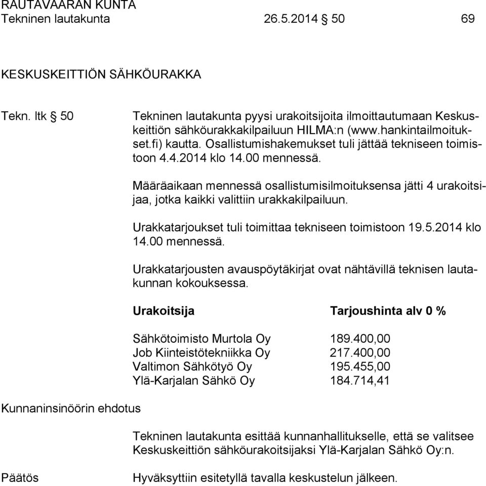 Määräaikaan mennessä osallistumisilmoituksensa jätti 4 urakoitsijaa, jotka kaikki valittiin urakkakilpailuun. Urakkatarjoukset tuli toimittaa tekniseen toimistoon 19.5.2014 klo 14.00 mennessä.