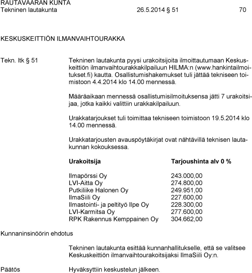 Määräaikaan mennessä osallistumisilmoituksensa jätti 7 urakoitsijaa, jotka kaikki valittiin urakkakilpailuun. Urakkatarjoukset tuli toimittaa tekniseen toimistoon 19.5.2014 klo 14.00 mennessä.