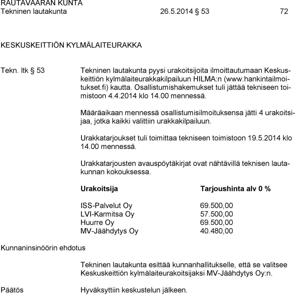 Määräaikaan mennessä osallistumisilmoituksensa jätti 4 urakoitsijaa, jotka kaikki valittiin urakkakilpailuun. Urakkatarjoukset tuli toimittaa tekniseen toimistoon 19.5.2014 klo 14.00 mennessä.