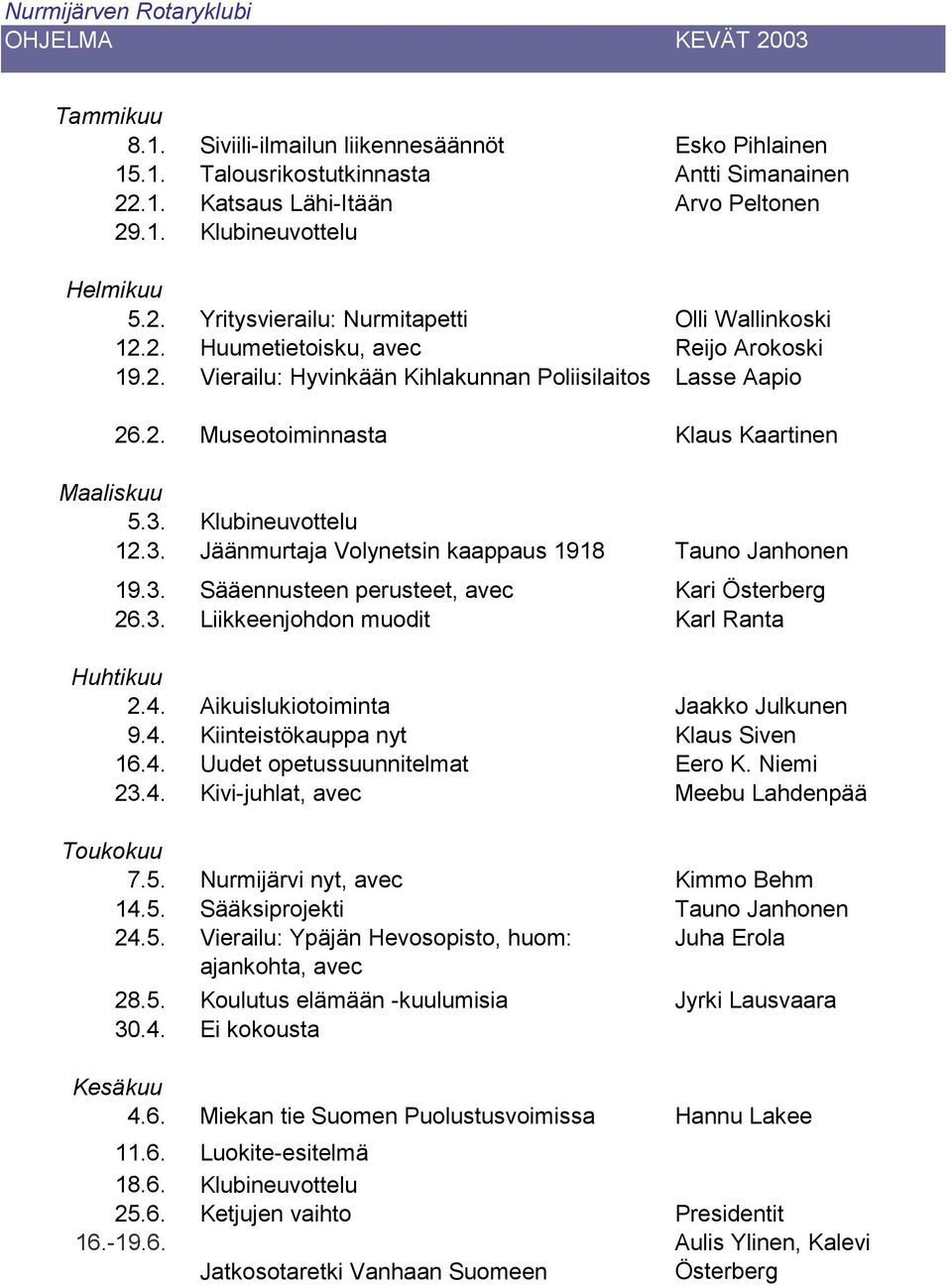 3. Klubineuvottelu 12.3. Jäänmurtaja Volynetsin kaappaus 1918 Tauno Janhonen 19.3. Sääennusteen perusteet, avec Kari Österberg 26.3. Liikkeenjohdon muodit Karl Ranta Huhtikuu 2.4.