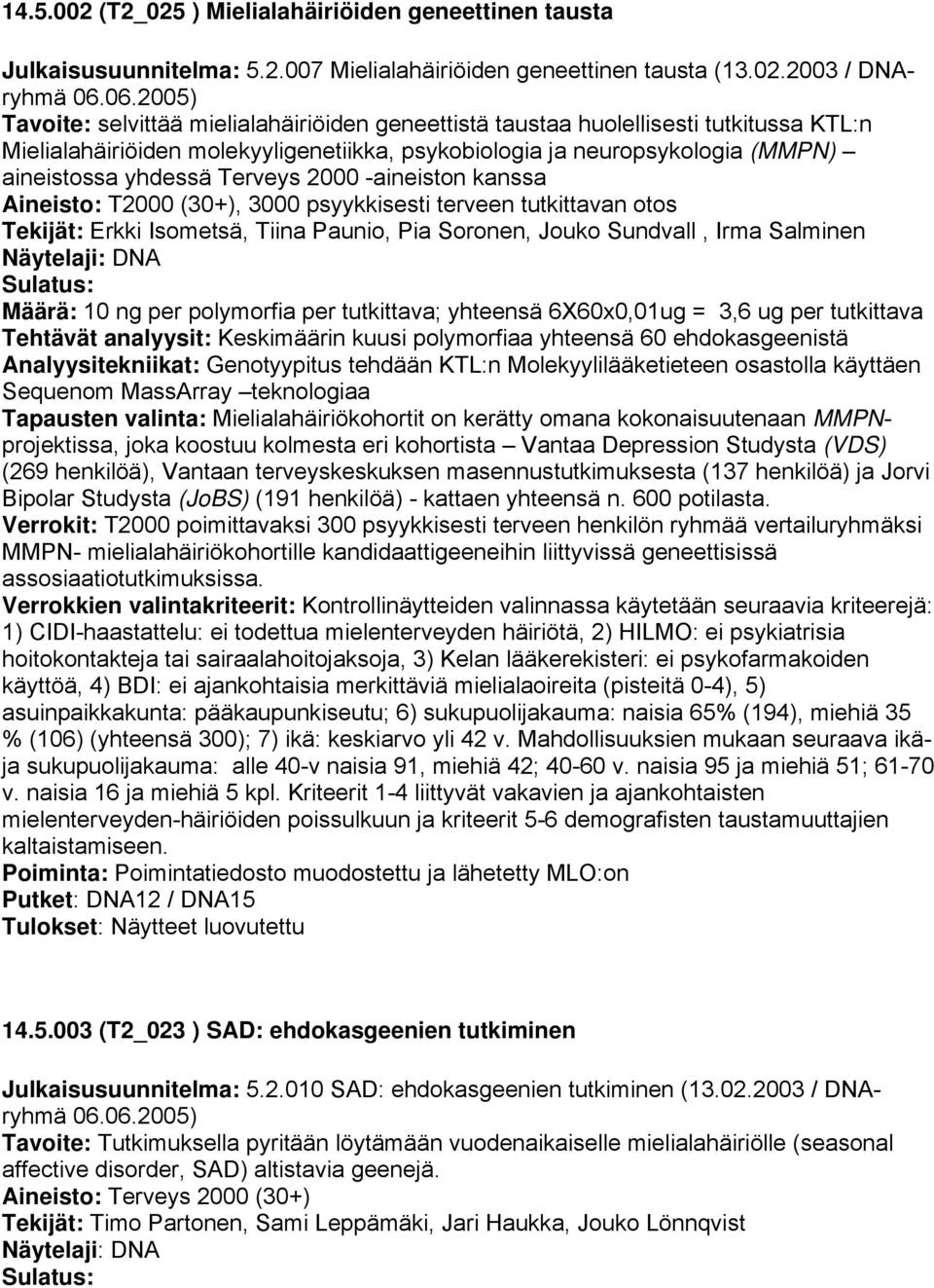 Terveys 2000 -aineiston kanssa Aineisto: T2000 (30+), 3000 psyykkisesti terveen tutkittavan otos Tekijät: Erkki Isometsä, Tiina Paunio, Pia Soronen, Jouko Sundvall, Irma Salminen Määrä: 10 ng per