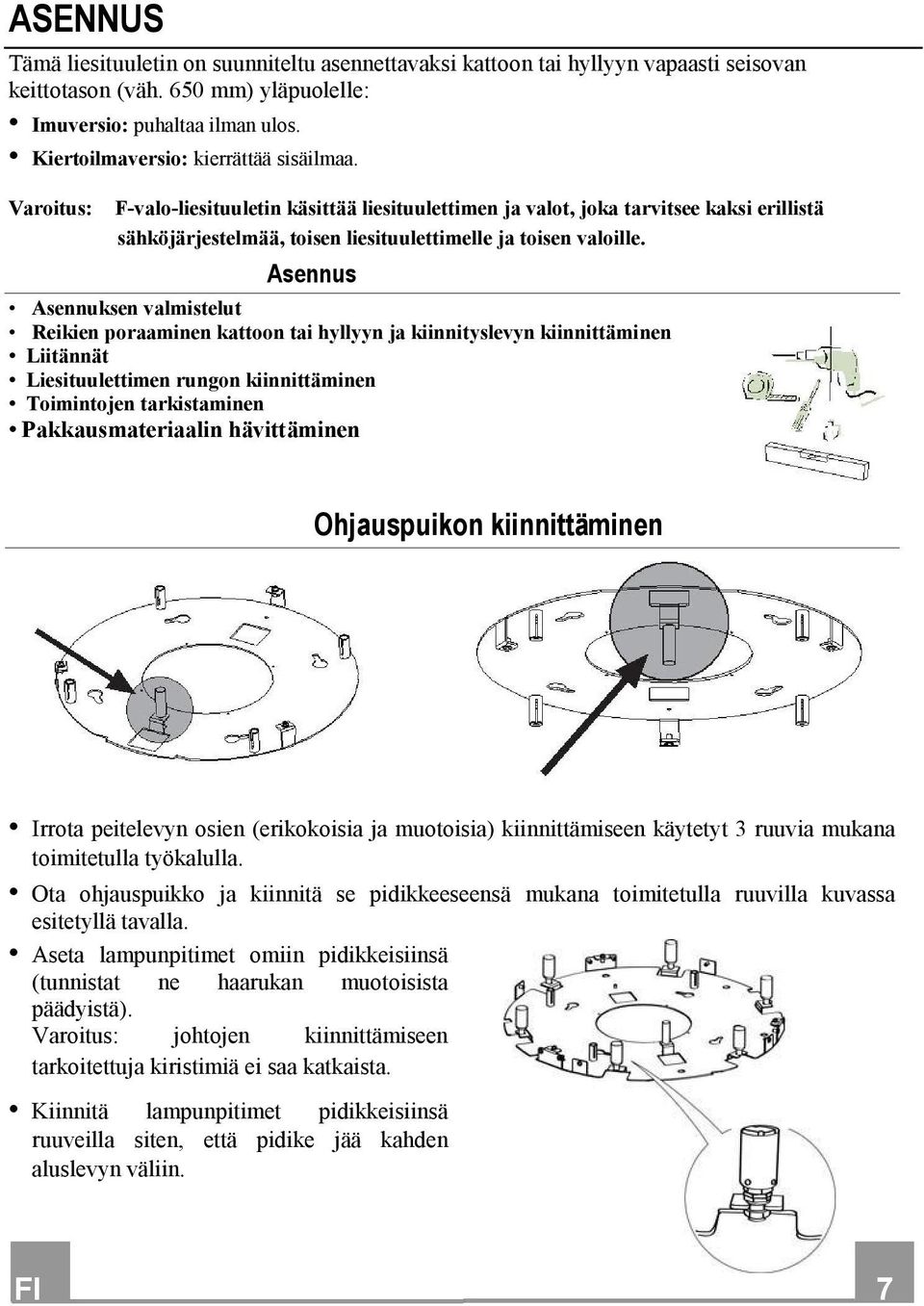 Varoitus: F-valo-liesituuletin käsittää liesituulettimen ja valot, joka tarvitsee kaksi erillistä sähköjärjestelmää, toisen liesituulettimelle ja toisen valoille.