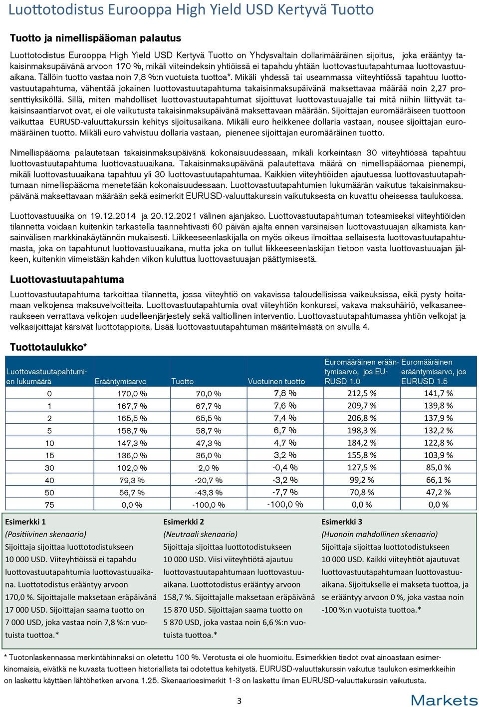 Mikäli yhdessä tai useammassa viiteyhtiössä tapahtuu luottovastuutapahtuma, vähentää jokainen luottovastuutapahtuma takaisinmaksupäivänä maksettavaa määrää noin 2,27 prosenttiyksiköllä.