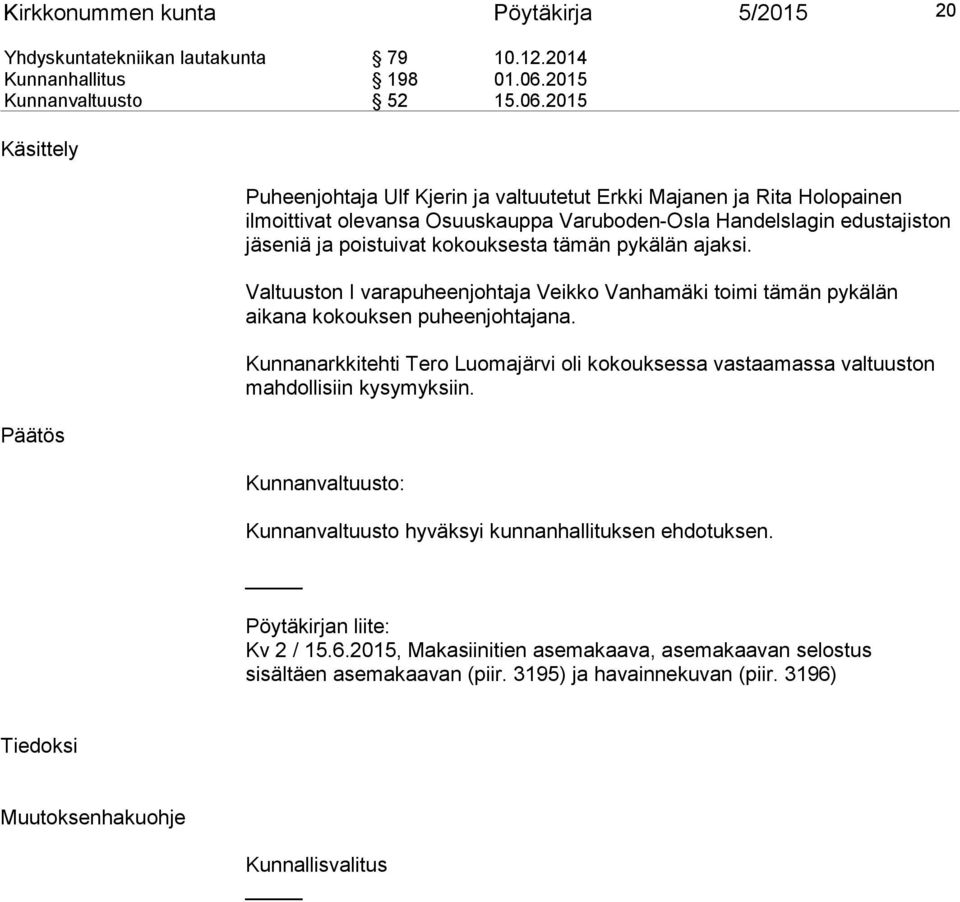 2015 Käsittely Puheenjohtaja Ulf Kjerin ja valtuutetut Erkki Majanen ja Rita Holopainen ilmoittivat olevansa Osuuskauppa Varuboden-Osla Handelslagin edustajiston jäseniä ja poistuivat kokouksesta