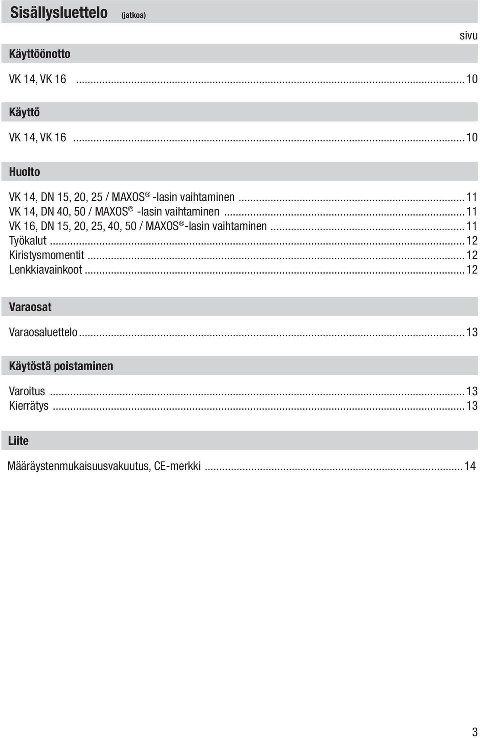 ..11 VK 16, DN 15, 20, 25, 40, 50 / MAXOS -lasin vaihtaminen...11 Työkalut...12 Kiristysmomentit.