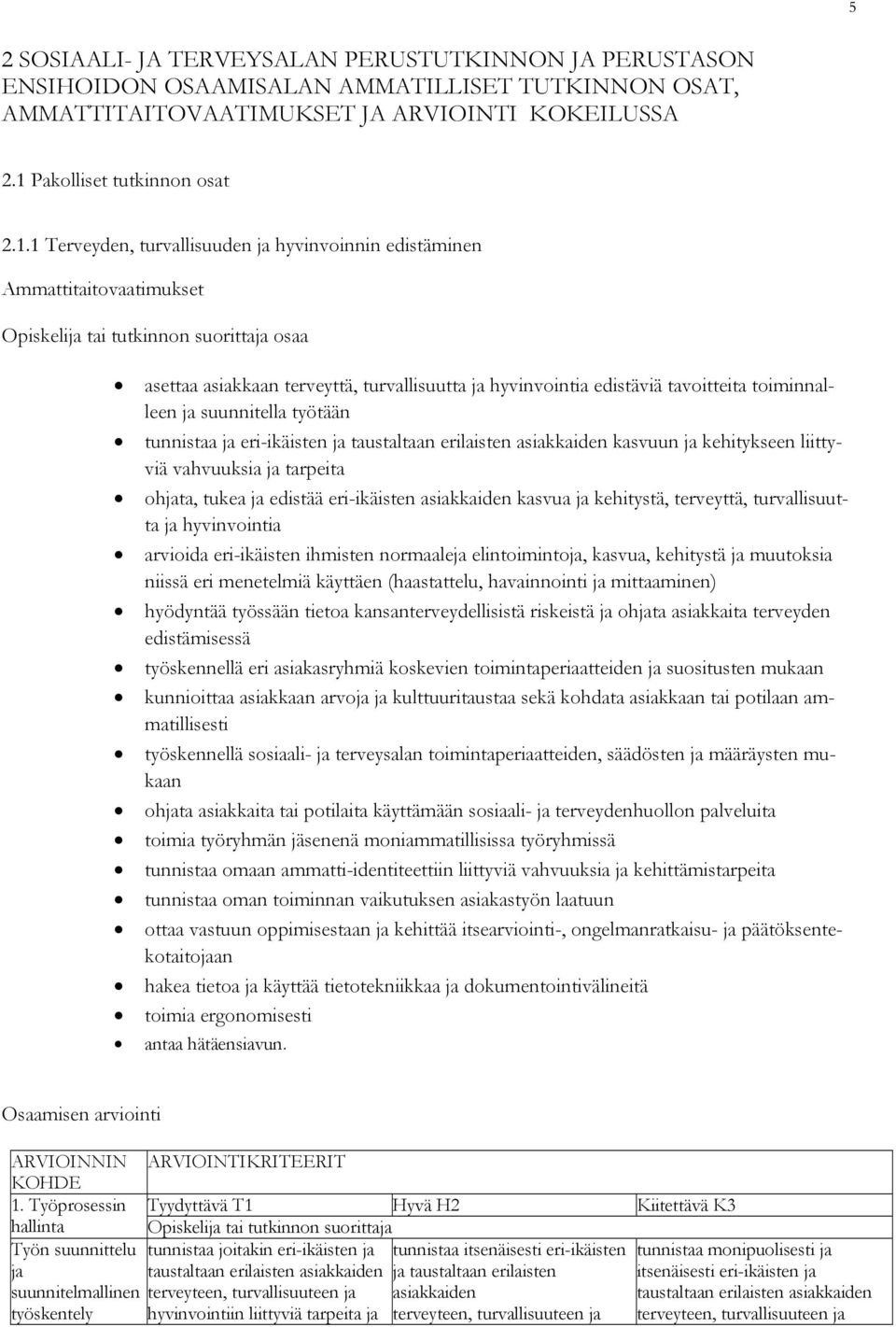 1 Terveyden, turvallisuuden ja hyvinvoinnin edistäminen Ammattitaitovaatimukset tai tutkinnon suorittaja osaa asettaa asiakkaan terveyttä, turvallisuutta ja hyvinvointia edistäviä tavoitteita