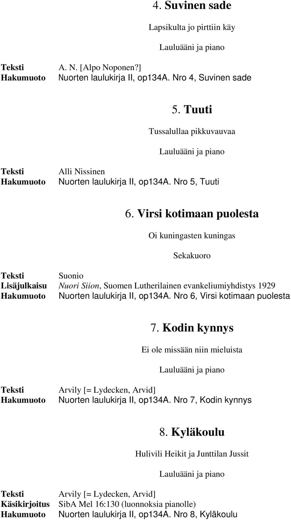 Virsi kotimaan puolesta Oi kuningasten kuningas Suonio Lisäjulkaisu Nuori Siion, Suomen Lutherilainen evankeliumiyhdistys 1929 Nuorten laulukirja II, op134a.