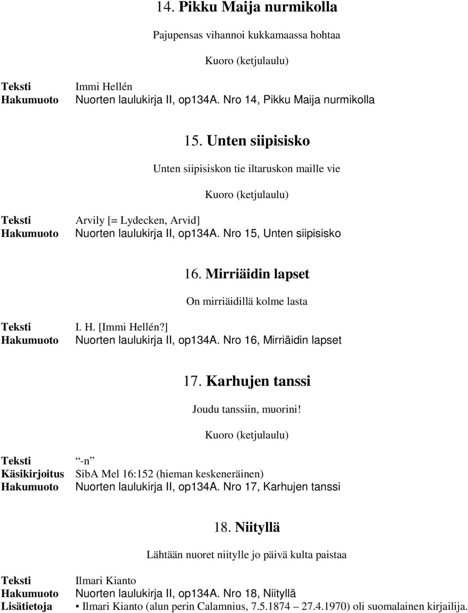 ] Nuorten laulukirja II, op134a. Nro 16, Mirriäidin lapset 17. Karhujen tanssi Joudu tanssiin, muorini! Käsikirjoitus -n SibA Mel 16:152 (hieman keskeneräinen) Nuorten laulukirja II, op134a.