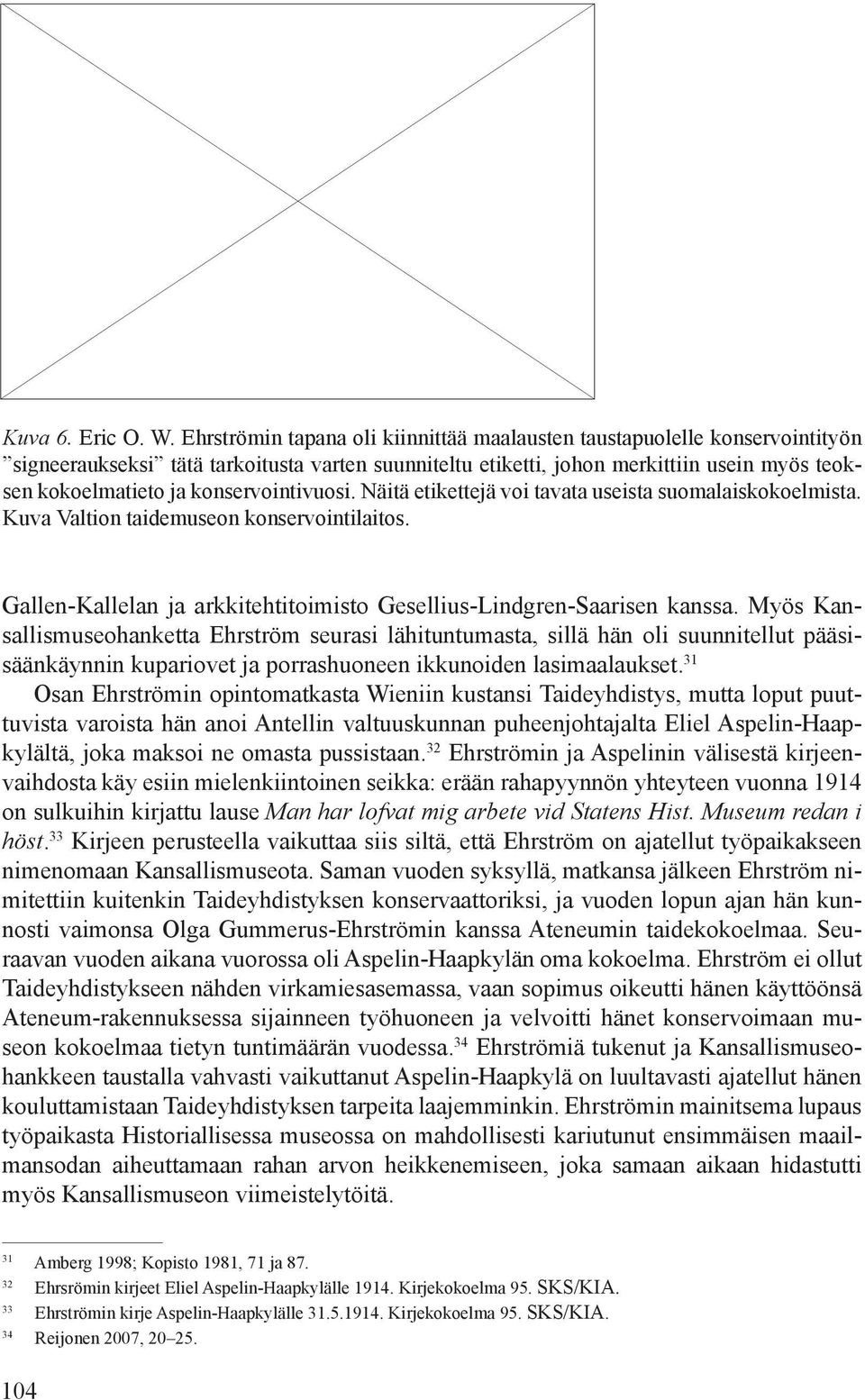konservointivuosi. Näitä etikettejä voi tavata useista suomalaiskokoelmista. Kuva Valtion taidemuseon konservointilaitos. Gallen-Kallelan ja arkkitehtitoimisto Gesellius-Lindgren-Saarisen kanssa.