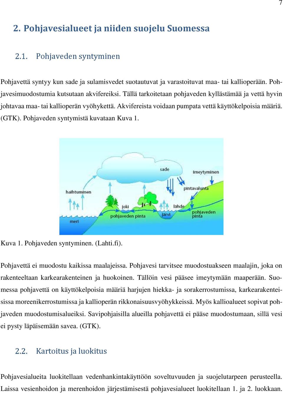 Akvifereista voidaan pumpata vettä käyttökelpoisia määriä. (GTK). Pohjaveden syntymistä kuvataan Kuva 1. Kuva 1. Pohjaveden syntyminen. (Lahti.fi). Pohjavettä ei muodostu kaikissa maalajeissa.