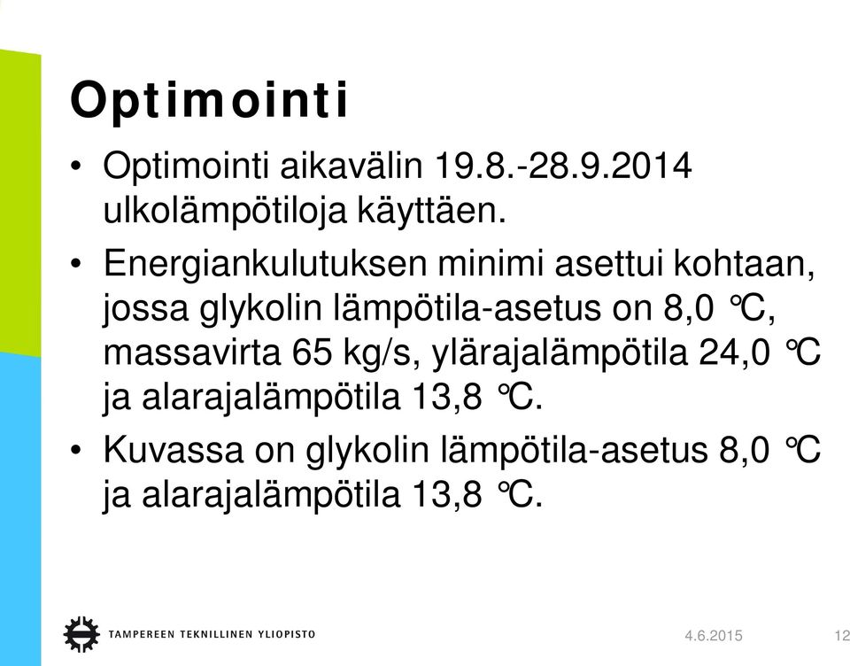 8,0 C, massavirta 65 kg/s, ylärajalämpötila 24,0 C ja alarajalämpötila 13,8 C.