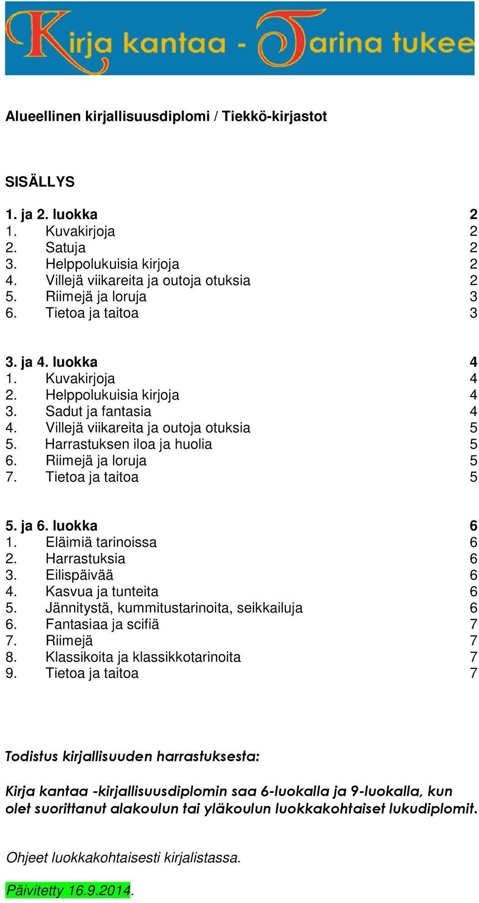 Harrastuksen iloa ja huolia 5 6. Riimejä ja loruja 5 7. Tietoa ja taitoa 5 5. ja 6. luokka 6 1. Eläimiä tarinoissa 6 2. Harrastuksia 6 3. Eilispäivää 6 4. Kasvua ja tunteita 6 5.