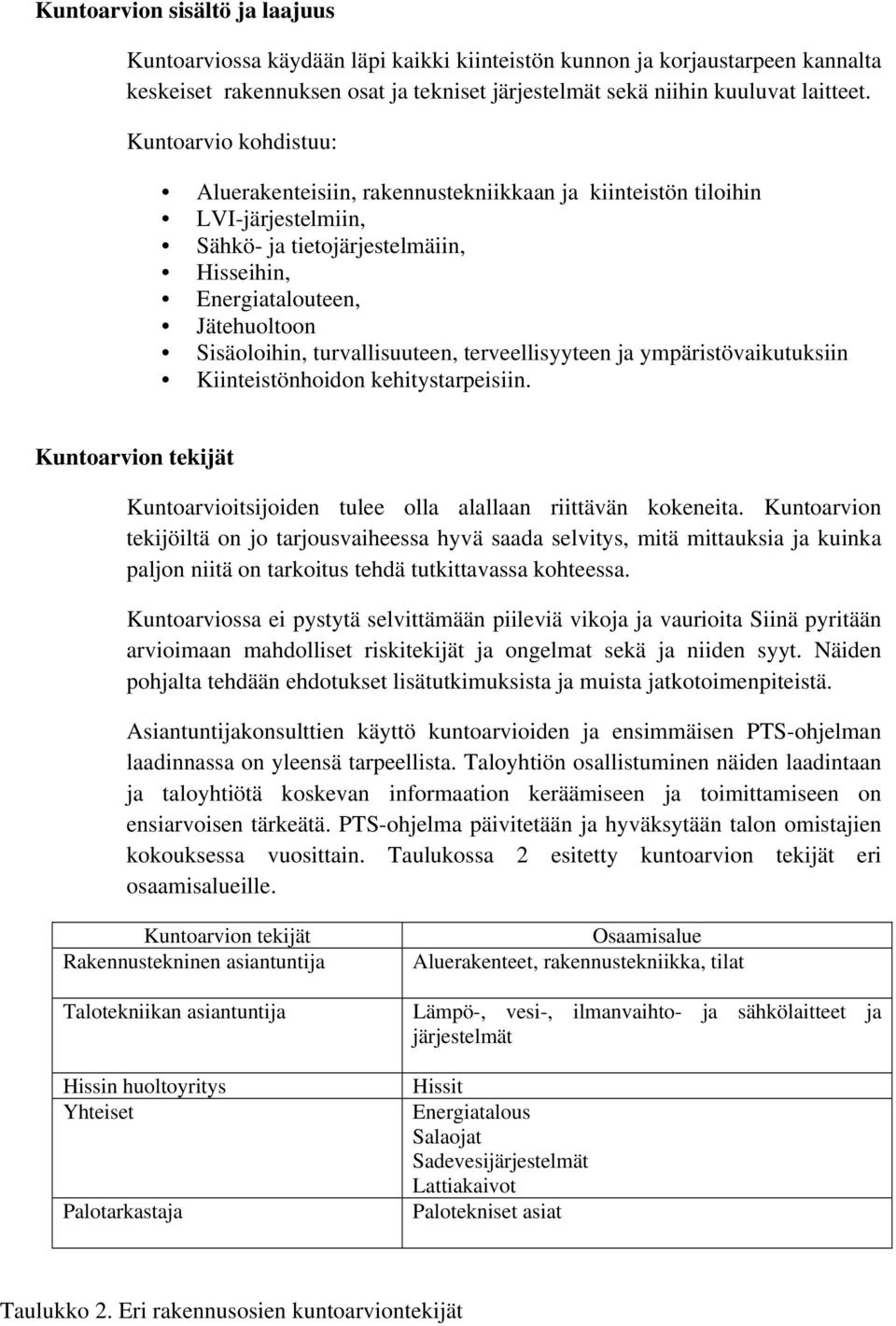 turvallisuuteen, terveellisyyteen ja ympäristövaikutuksiin Kiinteistönhoidon kehitystarpeisiin. Kuntoarvion tekijät Kuntoarvioitsijoiden tulee olla alallaan riittävän kokeneita.