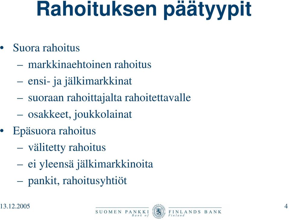 rahoitettavalle osakkeet, joukkolainat Epäsuora rahoitus