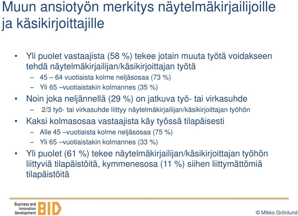 tai virkasuhde 2/3 työ- tai virkasuhde liittyy näytelmäkirjailijan/käsikirjoittajan työhön Kaksi kolmasosaa vastaajista käy työssä tilapäisesti Alle 45 vuotiaista kolme