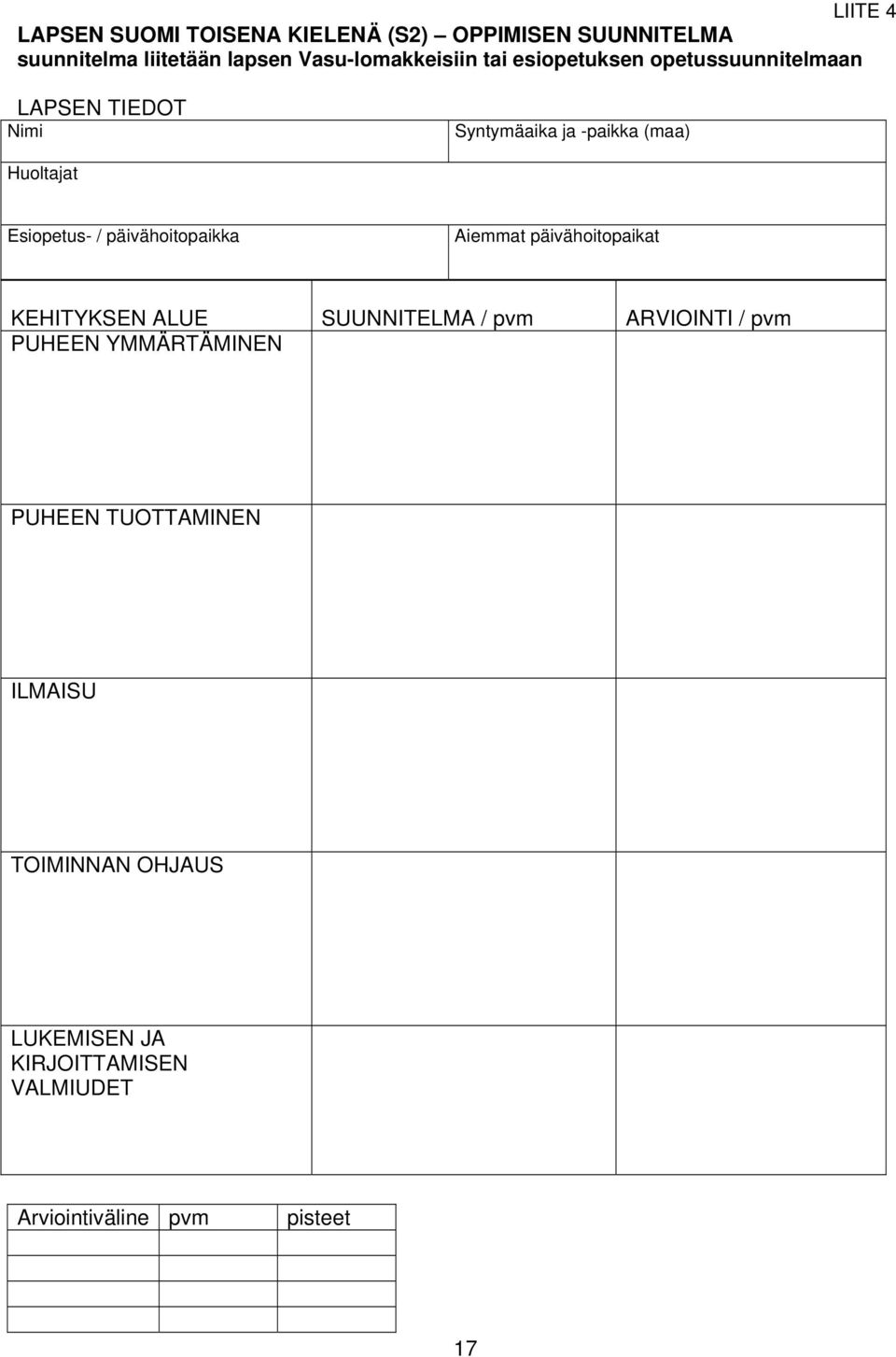 Huoltajat Esiopetus- / päivähoitopaikka Aiemmat päivähoitopaikat KEHITYKSEN ALUE SUUNNITELMA / ARVIOINTI /