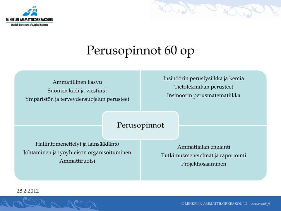 Insinöörin perusmatematiikka Perusopinnot Hallintomenettelyt ja lainsäädäntö Johtaminen ja